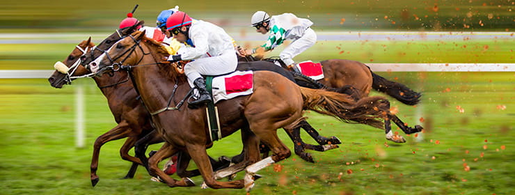Horses and jockeys during an intense horse racing event